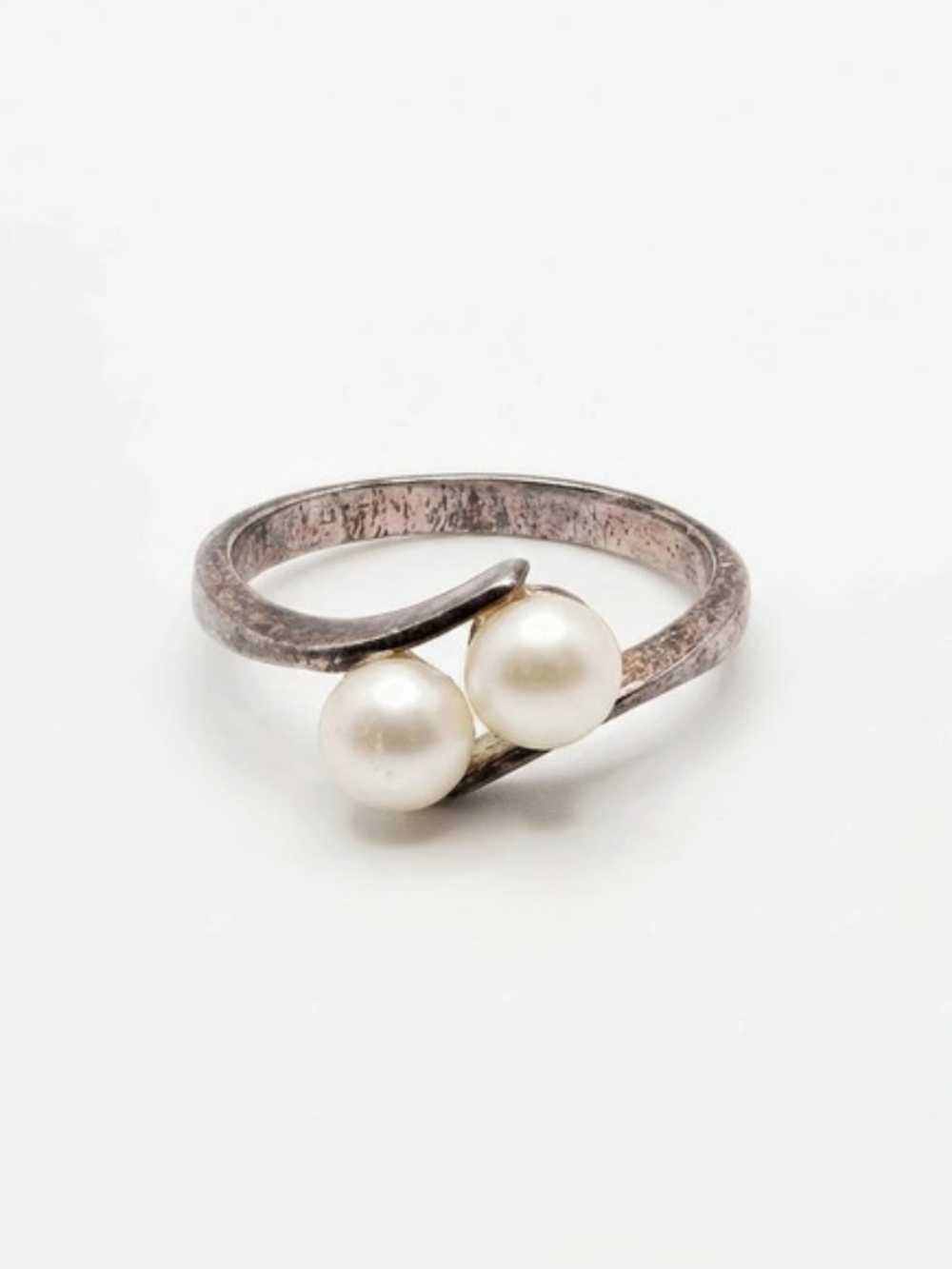 Vintage Sterling Silver Double Cultured Pearl Bypass Ring Patina Coquette Dainty